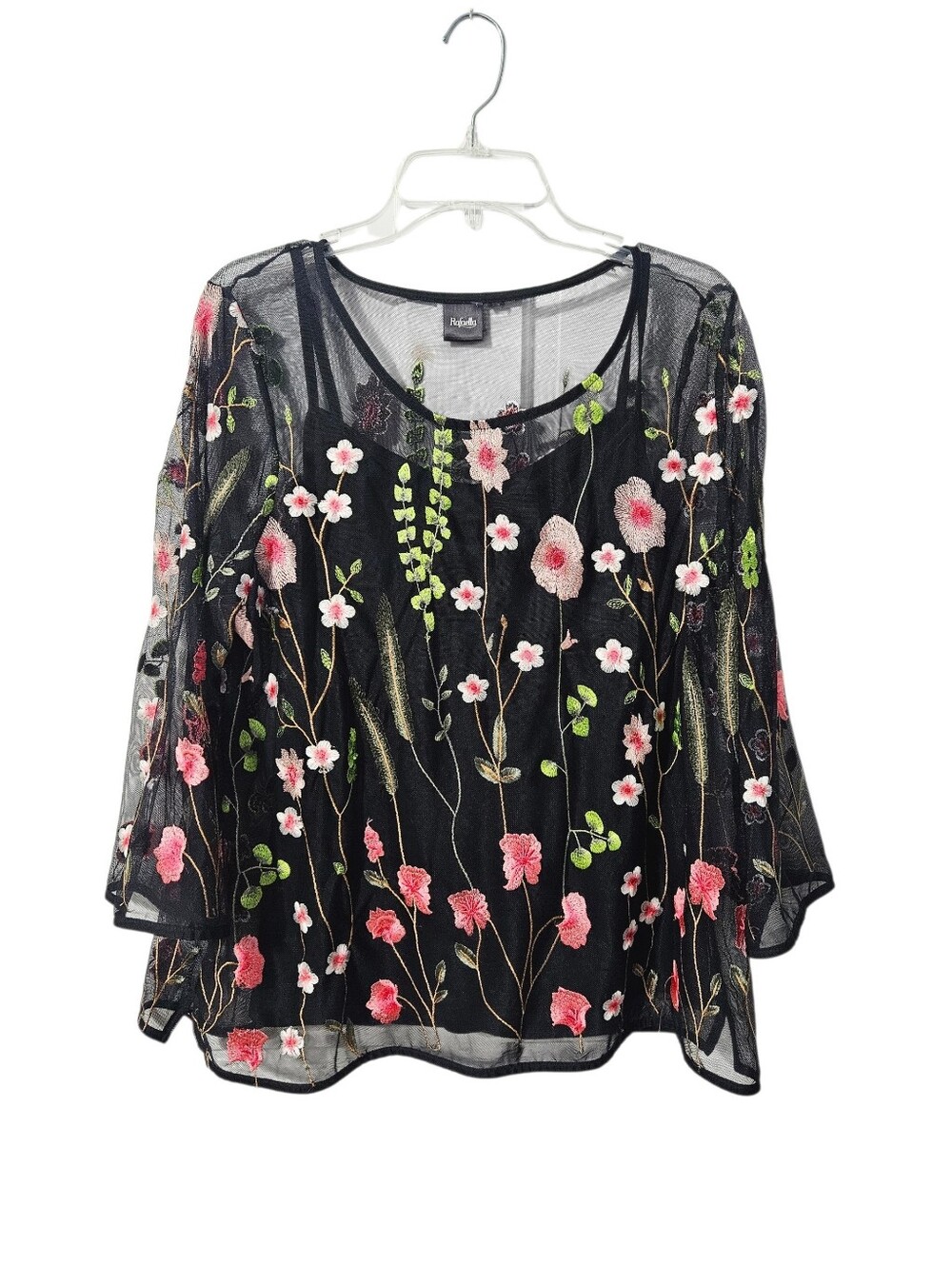 Rafaella XL Black Sheer Top With Emboidered Flowers & Black Under Camisole
